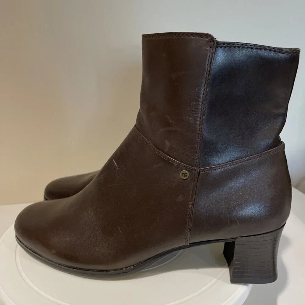 Thom McAn Leather Ankle Boots Booties Sz 9 Brown Square Toe Block Heel Y2K Vibes